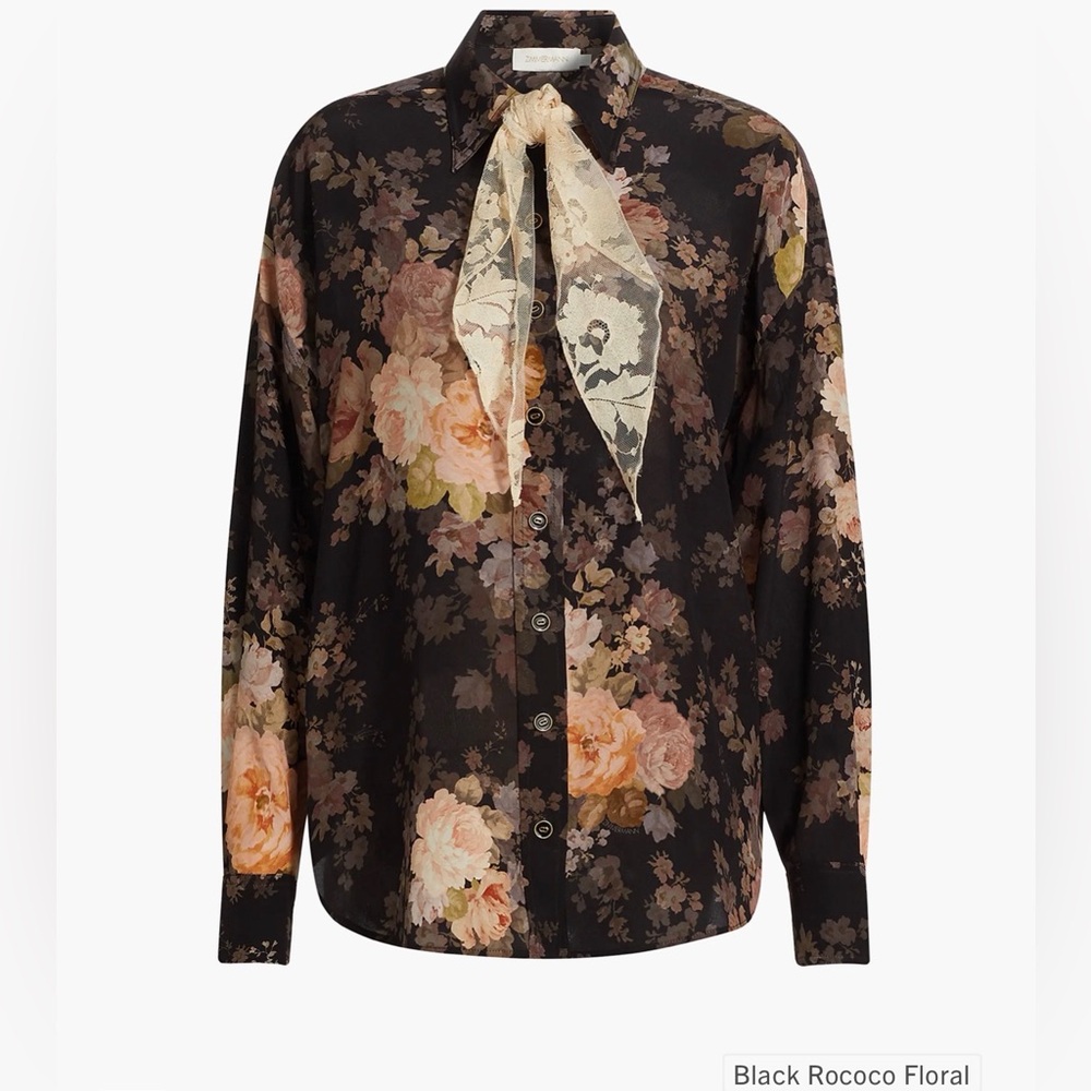 Zimmermann Black Rococo Floral Blouse with Cream Bow